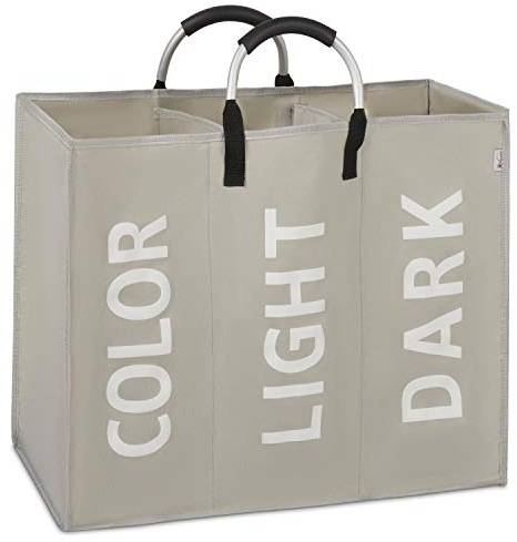 Vinsani Colour Light Dark 3 Sections Laundry Hamper Collapsible Bag Foldable Cloth Basket Portable Storage Bin with Carry Handles for Bathroom Bedroom, Light Grey