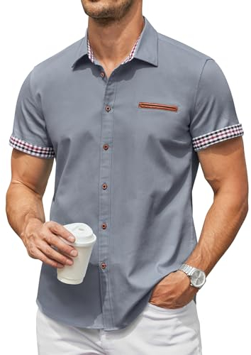 COOFANDY skjorta män kortärmad jeansskjorta slim fit sommar casual business kortärmad skjorta män cowboystil fritidsskjorta knappar T-shirt, LJUSGRÅ, L