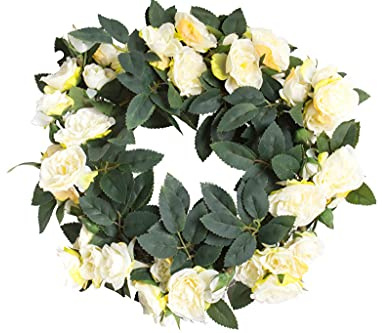Botanic-Haus künstlicher Rosenkranz (mit verschiedenfarbigen künstlichen Rosen) auf Drahtring (Creme-weiß-leicht-gelb)