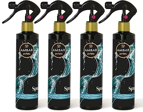 Ambar Perfums - Ambientador Spray Absorbe Olores Spa Especial Tejidos, ¡No mancha! Pack de 4 uds de 280 ml.