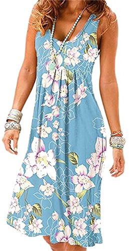 EFOFEI Damen Falten Knielang Kleider Atmungsaktiv Strand Kleider Casual Sommerkleid Einfaches Bequemes Kleid Blaue Lilie XXL