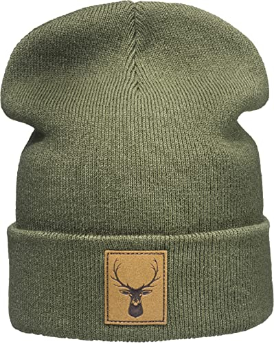 Baddery Outdoor Strickmütze: Hirsch mit Leder Patch - Bergsteigen Klettern Sport Wandern Jäger Jagd Jägermütze Wintermütze Beanie Mütze Damen & Herren Frauen & Männer Geschenk (One Size - Grün)