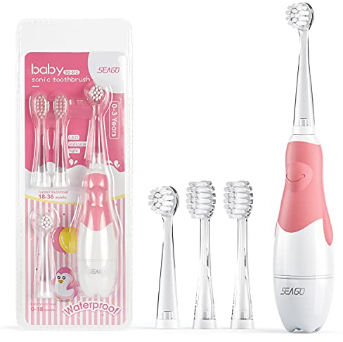 Seago SG-513 Elektrische Schall-Zahnbürste für Kinder von 0 bis 3 Jahren LED Licht Smart Timer Schall Babyzahnbürste Wasserdicht IPX7 Kinderzahnbürste (Schallzahnbürste + 4x Aufsteckbürsten, Rosa)