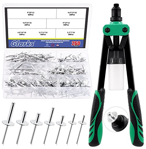 Glarks 261Pcs Rivet Gun with Large Flange Pop Rivets Set 13 Heavy Duty Handle Riveter and 260Pcs 7 Sizes Aluminum Large Flange Blind Rivets Assortment Kit for Metal, Automotive, Boat