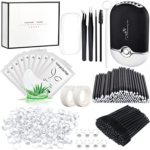 Kit d'Extension de Cils Mini Ventilateur USB Pince à Épiler Miroir Palette de Support d'Extension de Cils Anneaux de Tasse Brosses à Cils Micro Brosses Bandes de Cils Patch pour Extension de Cils