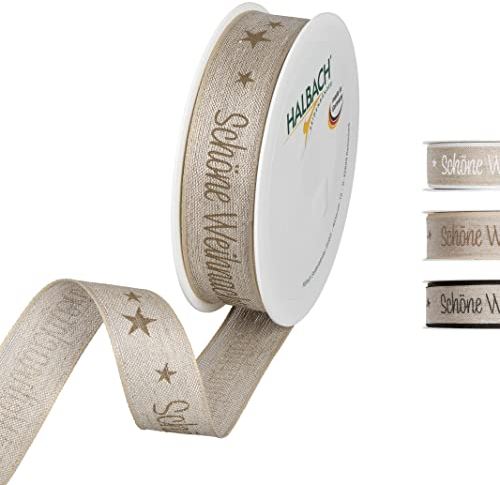 Halbach Seidenbänder Geschenkband Weihnachten Schöne aus Leinen 25mm x 15 m Natur zum Einpacken von Geschenken, Schleifenband mit Drahtkanten, Farbe: natural/linen, 1058