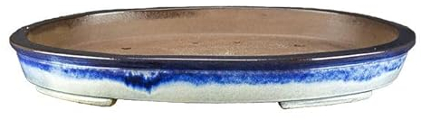 Ovale Bonsaischale aus blau-weiss glasiertem Steinzeug 53x39x6 cm - TY100c