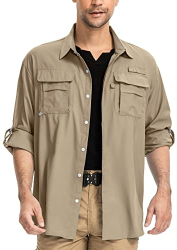 yeyity Camicia da uomo a maniche lunghe UPF50+, protezione UV Safari, traspirante, per il tempo libero, ad asciugatura rapida, funzionale, per escursioni, pesca, trekking, cachi, XXXL