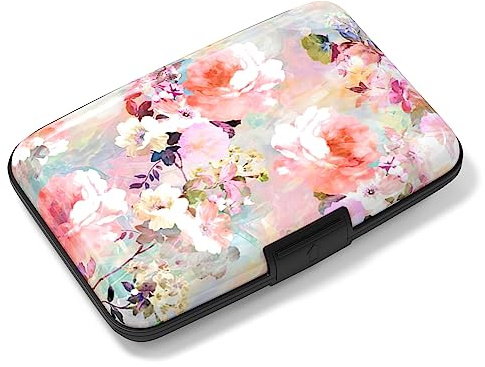 Rimilak Aluminuml Credit Card Holder, Mini Credit Card Wallet RFID Blocking Slim Metal Hard Case for Women Men, Pink Flower