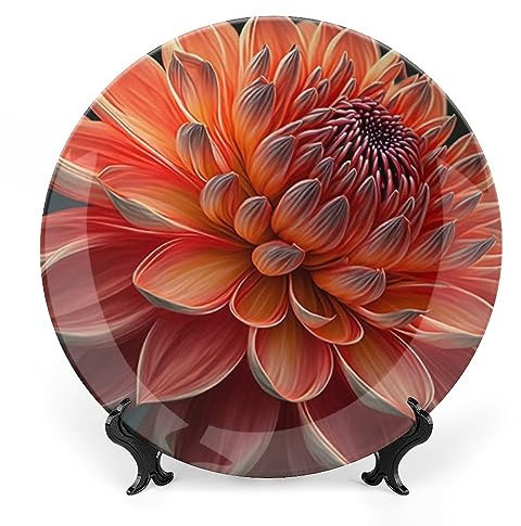 Decorative Plates for Home Decor, Orange Realistic Dahlia Flower Decor Tray for Table Display, Ceramic Dinner Plate W/Stand, Living Room Dining Room Decor, Housewarming Gifts, 18 CM