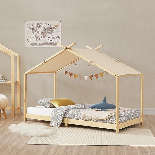 [en.casa] Lit Enfant Forme Maison Lit Cabane pour Chambre d'enfant avec Sommier à Lattes et Toit Amovible Bois de Pin Polyester Coton Contreplaqué 90 x 200 cm Naturel Beige
