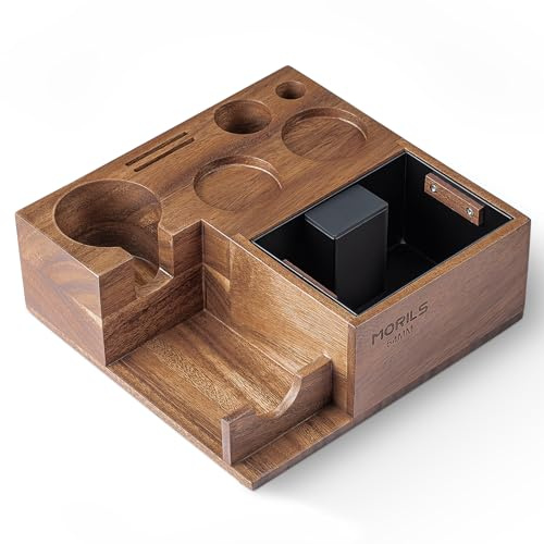 MORILS Tamper Station 51 mm - 54 mm, Espresso Tamping Station Made of Wood, Espresso Tamper Station with Knock Box, Wood Coffee Station Coffee Accessories Organiser with Knock Container for