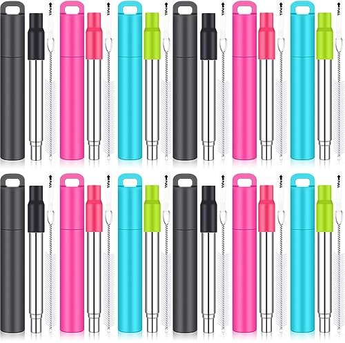 Gejoy 12 Pack Metal Reusable Straw Travel with Case Collapsible Foldable Portable Retractable Drinking Straw Stainless Steel Silicone Tip and Cleaning Brush Long for Cruise Ship Gift