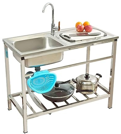 Lavello acciaio inox 1 vasca,lavello da cucina indipendente con gambe,lavandino da giardino da esterno,Con banco da lavoro,scolapiatti,tubo di scarico,staffa,Adatto per cucina,giardino ( Color : Singl
