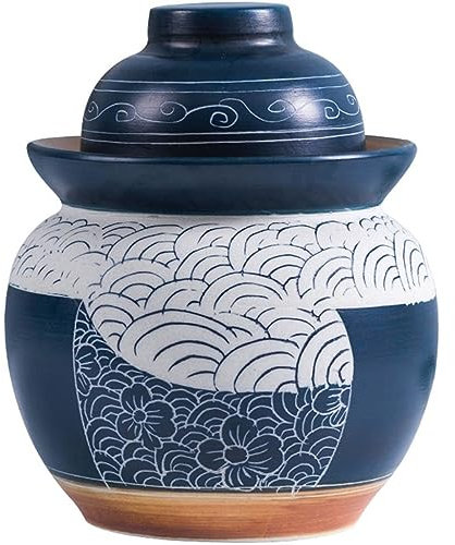 Fermentation Crock Fermenting Jars Water Seal Flower And Wave Carving Pattern Decoration Pickle Jar, Household Thickened Ceramic Seal Kimchi Jar, Handmade Desktop Ornament (Color : Blue+White, Size