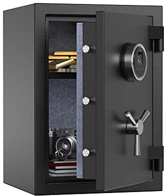 RPNB Digital Fireproof Safe Box, Biometric Fingerprint Fire Proof Safe with Touch Screen, Removable Shelf and 3 Spoke Safe Handle, Suitable for Home Office Hotel, 36.4 L, Black