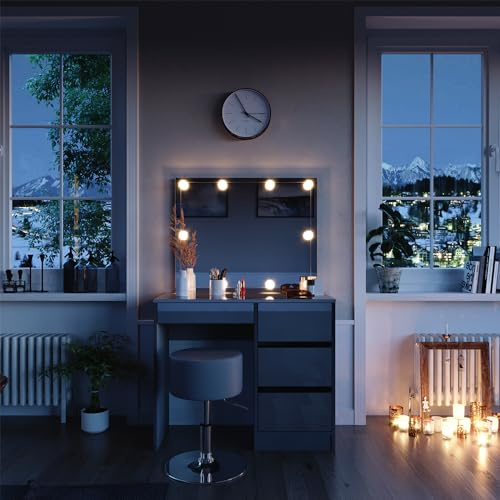 Vicco Schminktisch Sherry, Grau, 90 cm mit LED Beleuchtung und Hocker, mit LED-Beleuchtung und gepolsterter Sitzbank