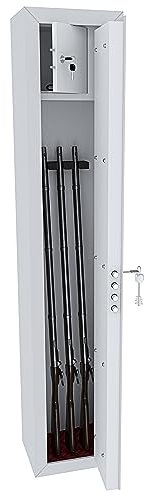 EGLEMTEK Armadio Portafucili Armi Blindato Fuciliera In Acciaio Con Cassetto Tesoretto Con Serratura E Chiave A Doppia Mappa Cassaforte Sicura Austin Colore Bianco Opaco 148 x 30 x 25 Cm (3 Posti)