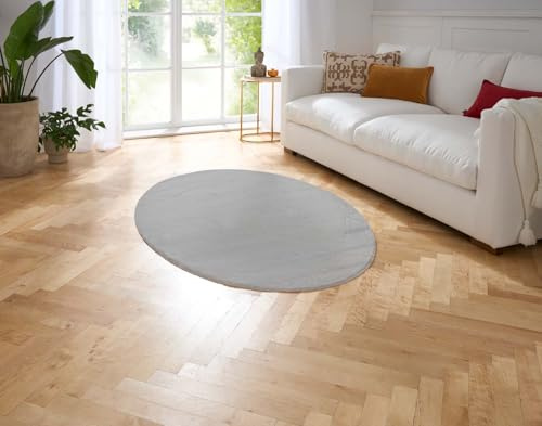Taracarpet Fellteppich Kunstfell Waschbar - Hasenfell Imitat, Kaninchenfell, Kurzfell | Flauschiger Teppich für Wohnzimmer, Bettvorleger Schlafzimmer - Grau 120x170 cm Oval