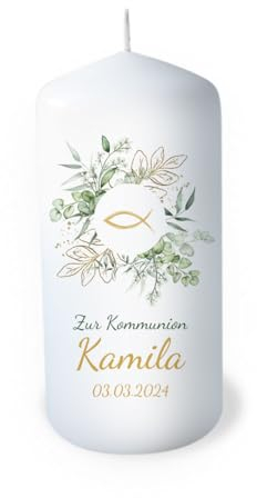 Candela Comunione personalizzata con nome come decorazione da tavolo Decorazione da tavolo Comunione Regalo Personalizzabile Amorevole Candela Eucalipto Pesce Ghirlanda Durata 35 ore, Ø 6,8 x altezza