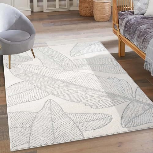 carpet city Kurzflor Teppich Grau, Creme - 140x200 cm - Wohnzimmer-Teppiche Hochtief-Muster, 3D-Effekt - Florales Muster - Flachflor Bodenbelag, Deko Schlafzimmer