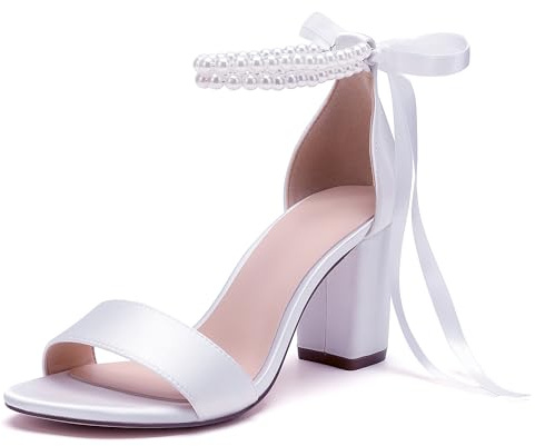 HKMFLYY Chaussures de mariage à bout ouvert avec perles pour femme - Sandales à talons hauts en satin - Chaussures de mariée - Chaussures de mariée - Chaussures de soirée - Escarpins, blanc, 38 EU