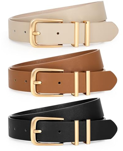WERFORU 3 Pack Women's Leather Belts for Jeans Dresses Fashion Ladies Gold Buckle Leather Belts, Black/Brown/Beige