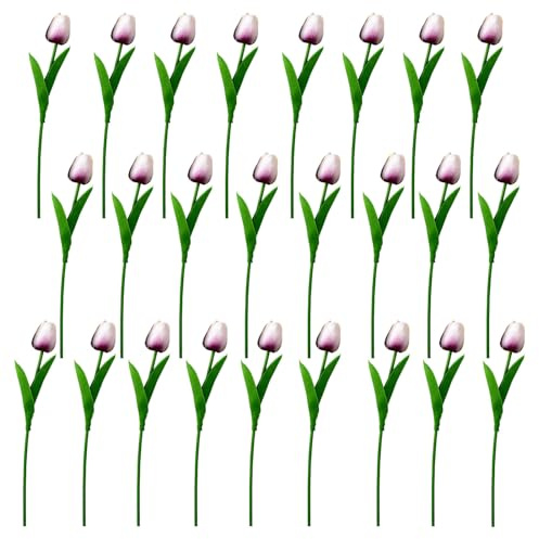Obetuens 25 tulipani artificiali multicolori, fiori finti al tocco reale per la decorazione domestica, composizioni di bouquet per tavola, matrimonio e per la festa della mamma (Purple White)