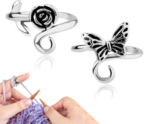 2 Stück Häkel-Spannungsringe, Verstellbare Strickschlaufe Schmetterlings-Blumen-Spannungsringe zum Fingerhäkeln und Stricken Garn-Spannungsring Geschenk