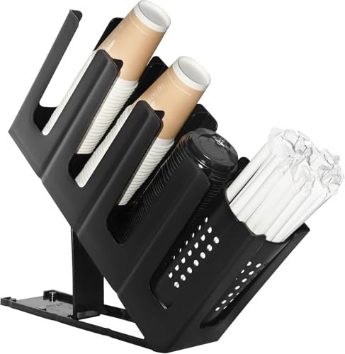 Cup Holder Lid Dispenser with Straw Organizer,4 Compartment 7 Adjusting,Cup Storage Organizer for Breakroom Countertop Coffee Station Bar Restaurant Cups Organized Mobile Coffee Trailer Coffee Shop