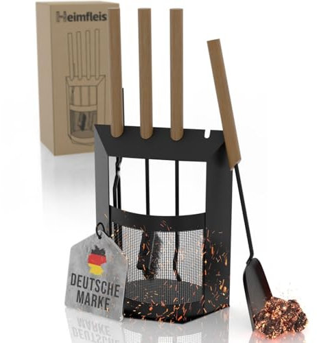 Heimfleiss® Kaminbesteck Schwarz Modern | Premium Ofenbesteck Kaminbesteck Set | Kaminzubehör mit Holzgriffen | Kaminset aus Schürhaken, Kehrset, Holzzange | Kaminofen Besteck | Kamingarnitur für Ofen