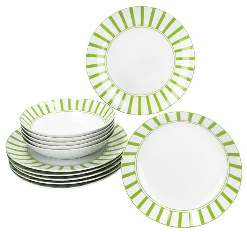 MamboCat Service de table Split vert 12 pièces - Vaisselle en porcelaine blanche avec rayures pour 6 personnes - 6 assiettes creuses et 6 assiettes plates pour le petit-déjeuner, le déjeuner et le