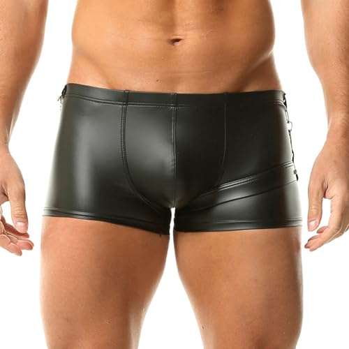 YUFEIDA Boxershorts i konstläder för män, wetlook, sexiga underkläder, boxershorts, trosor, män, stretch, klubbkläder, korta byxor, kalsonger, Svart 2, XL