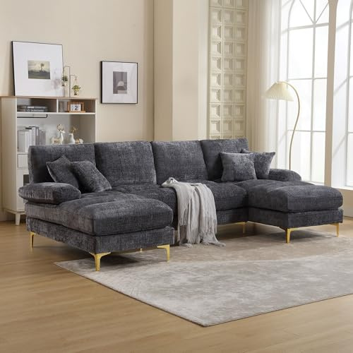 Zepneiy Sofa mit Schlaffunktion, Big Sofa 4 Sitzer U Form Modernes Design, Polstermöbel Loungesessel mit doppelten Liegesitzen, Wohnzimmer Möbel Schlafsofa für Wohnzimmer Wohnung Villa, Chenille Grau