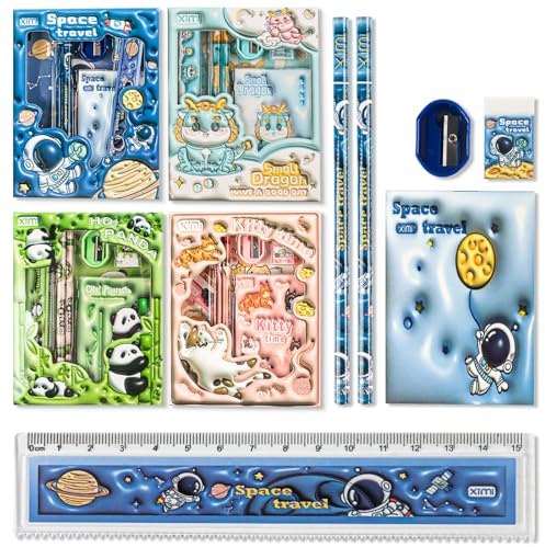 4Pcs Set Pelería Estudiantes, Regalo Escolar Dibujos Animados Niños (Gato, Panda, Astronauta, Dragón) Incluye Regla, Lápiz, Sacapuntas, Cuaderno, Goma Borrar, Ideal Como Regalo Fiesta Material Oficina