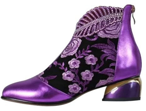 Generisch Stivali da cowboy da donna corti con brillantini, da donna, colore beige, con ricamo, alla caviglia, con tacco alto, antiscivolo, Lilla, 43 EU