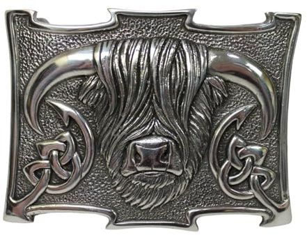 Highland Cow - Fibbia per cintura con nodo celtico a forma di mucca, lucido, design tradizionale scozzese, 9 cm x 6,5 cm
