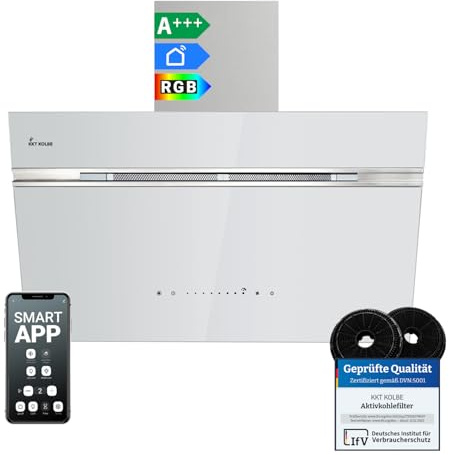 KKT KOLBE A+++ Campana extractora de 80 cm 782 cbm/h, recirculación, sin cabeza, campana de pared | cristal blanco plateado | automático | aplicación WiFi inteligente | SensorTouch | iluminación LED