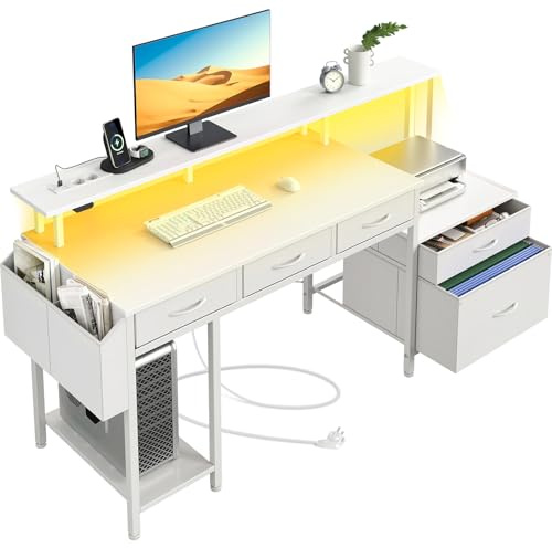 Rolanstar Schreibtisch mit Steckdose, Computertisch mit 5 Schubladen, LED, Aufbewahrungstasche & Monitorständer, Moderner Eckschreibtisch für Homeoffice & Gaming (Weiß)