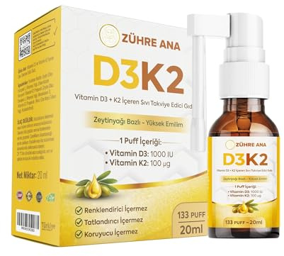 Zühre Ana Vitamin D3 + K2 Spray (MK-7) – 20 ml (133 pulverizaciones) – fórmula líquida con base de aceite de oliva – aplicación práctica