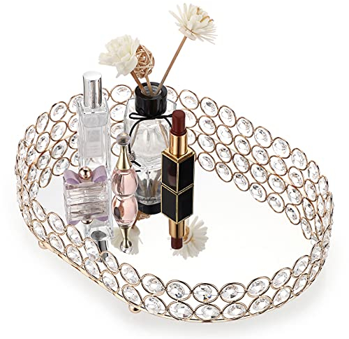 Sumnacon Gold Vanity Mirror Tray Jewelry Perfume Organizer Tray Decorative Glass Cosmetic Tray for Bathroom Bedroom Home Decor Dresser Tabletop Countertop (Oval 30 * 22CM)