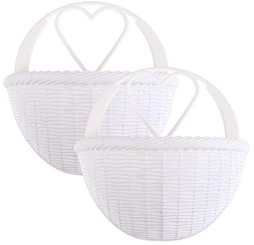 HEMOTON 2Pcs Hanging Planter Baskets Rattan Flower Pots Air Plant Container Plastic Flower Basket for Indoor Outdoor Plant Porches Patio Wall Decoration White