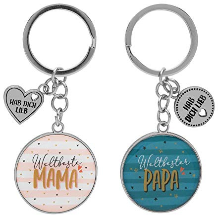 Schlüsselanhänger für zwei, Weltbeste Mama - Weltbester Papa: Zwei Schlüsselanhänger mit Metallcharms und Motivdruck