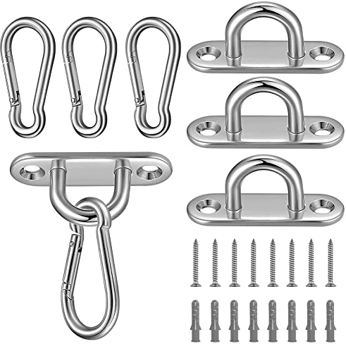 Abnaok 4 Stück Augplatte Edelstahl und 4 Stück Edelstahl Karabiner, Augplatten für Sonnensegel/Wand-Befestigung, Decken Befestigung, Wand-Haken, Augenplatte Decken Haken Augplatte mit Ring
