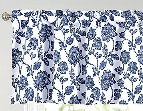 Annlaite Querbehang für Fenster, Blumenmuster, bedruckt, für Küche, Wohnzimmer, thermisch isoliert, energiesparend, Fenstervorhang, Volant für Wohnzimmer, Küche, 132x45.7 cm, Marineblau