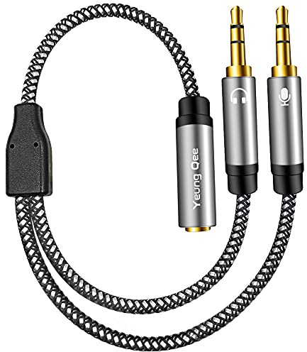Yeung Qee Headphone Mic Splitter CTIA Standard 3.5mm Female to 2 Dual 3.5mm Jack Male Microphone Audio Y Splitter Adapter Cable Compatible with PC,Laptop Desktop,Gaming Headset, Speaker(1m,silver)