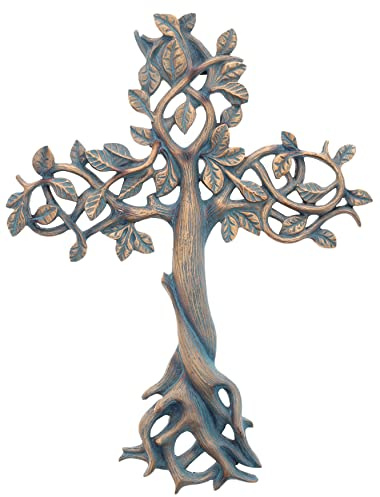 Top Brass Tree of Life Wall Cross 11 1/2 - Decorative Spiritual Art Sculpture Bronze Verdigris Finish