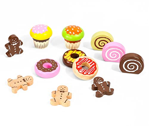 SOKA Cake Collection Wooden Set 12 PCS Pretend Play Toys Afternoon Tea Party Muffins Cakes Donuts Dessert Food Playset Role Play Game Early Educational for Kids Children Girls Boys 3 years old +