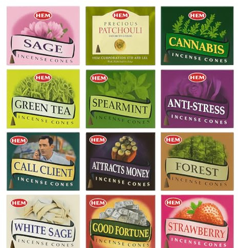 HEM Incense Cones Assorted – 12 Packs (120 Cones Total) with JRose Trolley Coin – Aromatherapy Cone for Meditation, Relaxation, Yoga, Home & Office Fragrance