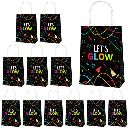 PHOGARY Neon Party Deko Geschenktüten Kindergeburtstag, 12 Mitgebsel Tüten mit Henkel Glow in the Dark Geburtstagstüten Mitgebsel Kinder, Papiertüten Klein für Neon Fasching Geburtstagsdeko